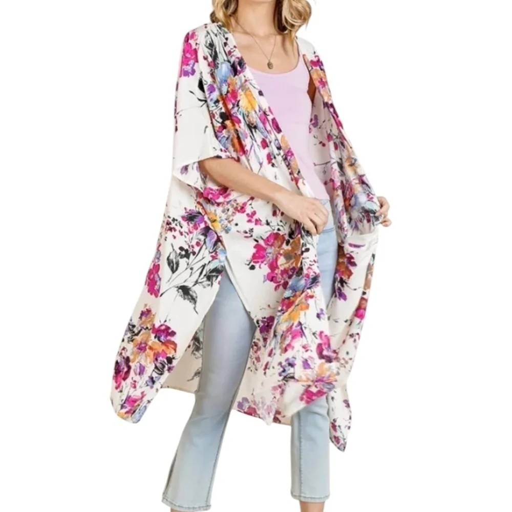 Umgee USA Floral Print Open Front Long Kimono Size L/XL Beach Vacation Boho